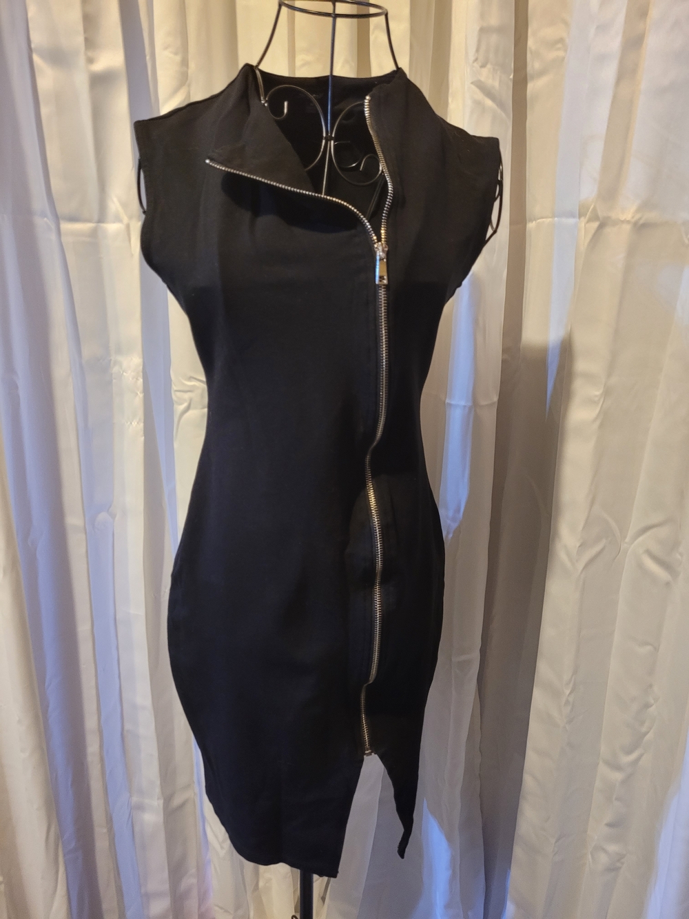 Shinestar Black Asymmetric Zip-Front Mini Dress